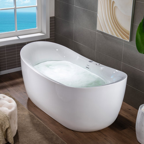 72" Whirlpool Water Jetted & Air Bubble Freestanding Heated Soaking Bathtub with LED Control Panel